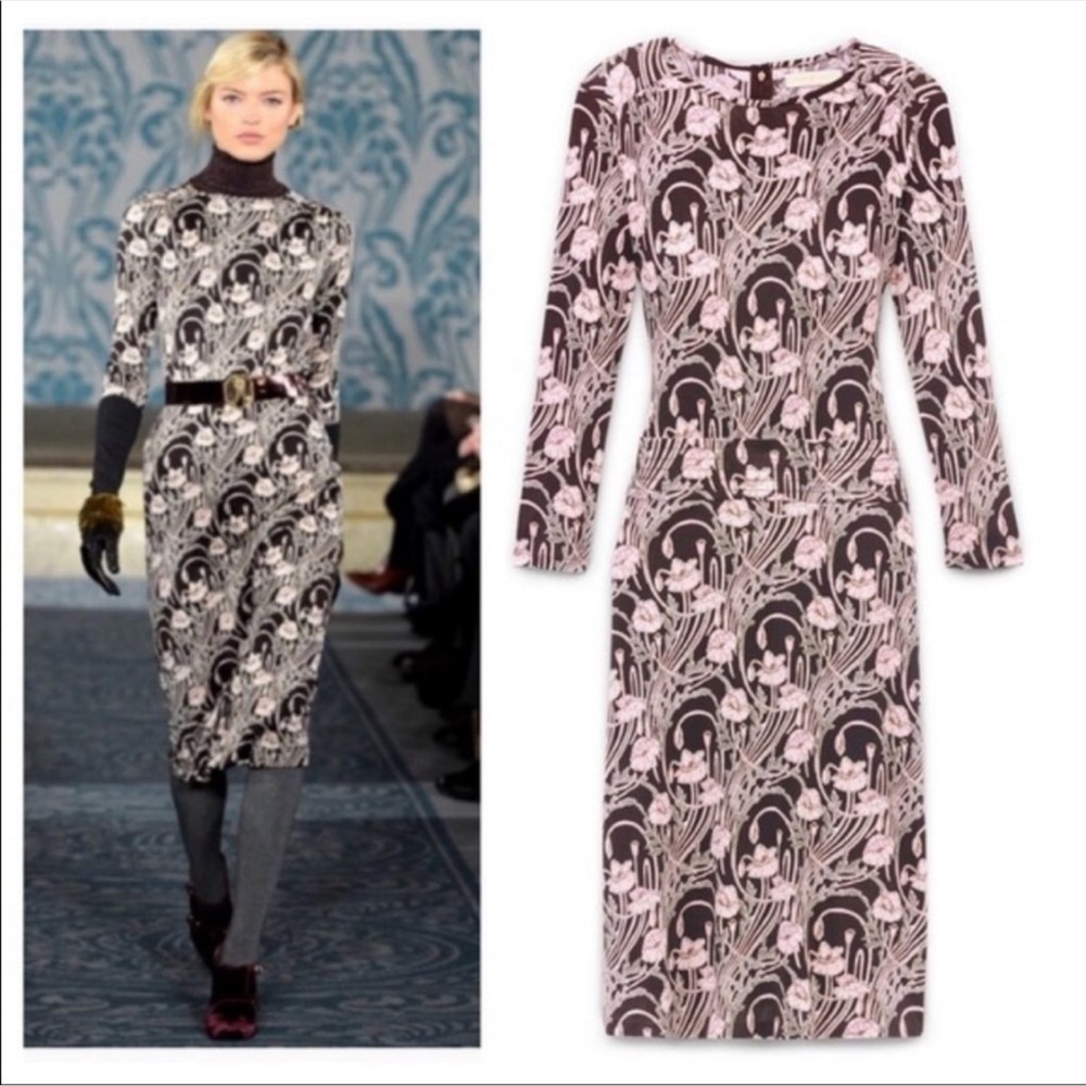 Tory Burch Silk Runway Dagny Botanical Print Dress in Brown & Pink 3/4 Sleeves